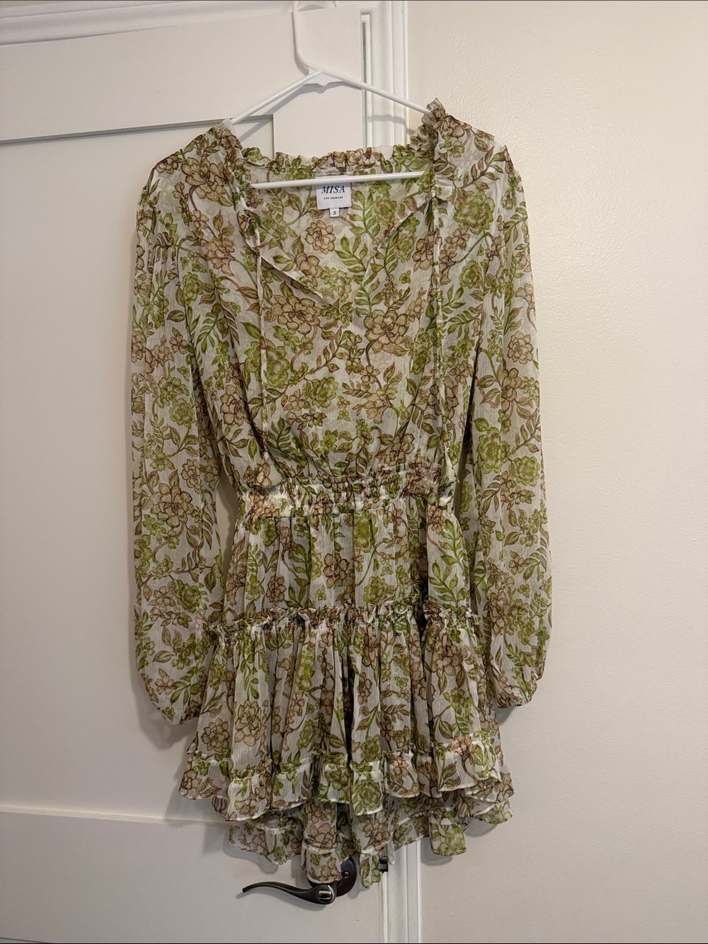 Misa Los Angeles Green and Cream Floral Ruffle Mini Dress